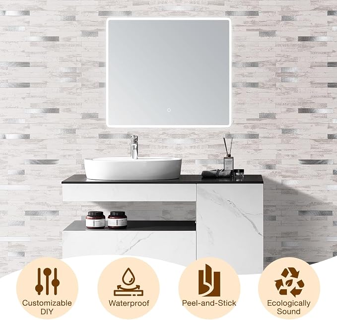 Peel and Stick Backsplash Tile Waterproof Removable PVC Wall Sticker 3D Faux Stone Marble Brick White Accent Panels (Polished Eurasia Silver - Gray, 20 Tiles - 9 sq. ft. (0.84 M²))