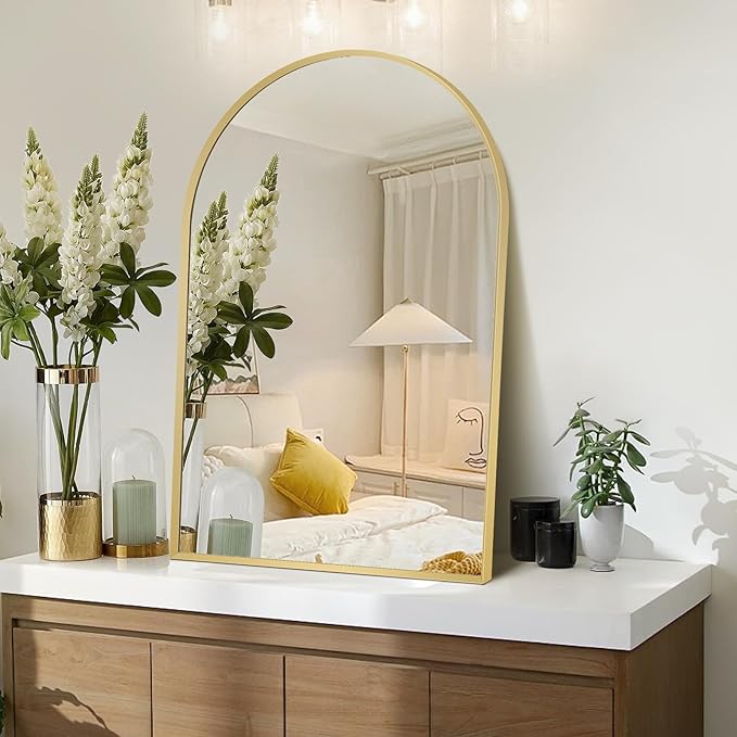 Gold Arched Mirror 22x30in, Metal Framed Bathroom Vanity Wall | Tempered Glass, Shatter Proof, Living Room Bedroom Entryway, Modern Elegant Design
