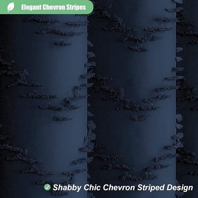 Long Boho Farmhouse Shower Curtain Tufted Chevron 72x78 Navy Blue | 78 Inch Tall, Elegant Tassel, Lightweight Textured Fabric, Water Repellent, Washable, Hotel Spa, for Bathroom/Dorm 12 Hooks