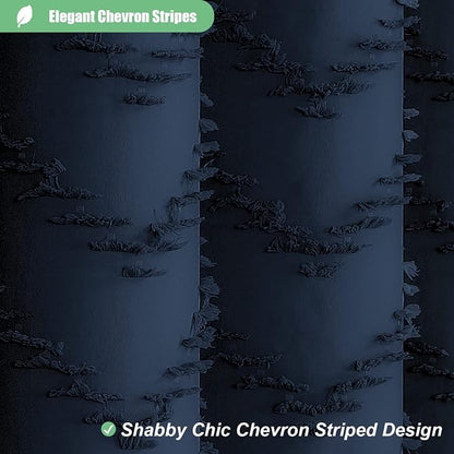 Long Boho Farmhouse Shower Curtain Tufted Chevron 72x78 Navy Blue | 78 Inch Tall, Elegant Tassel, Lightweight Textured Fabric, Water Repellent, Washable, Hotel Spa, for Bathroom/Dorm 12 Hooks