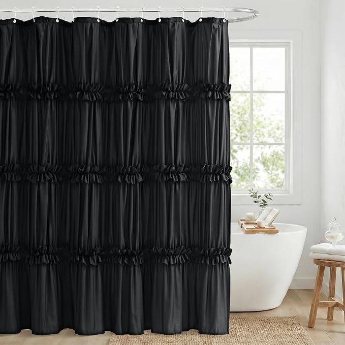 LIPA Boho Rustic Black Ruffle Shower Curtain 72x72 Inches | Farmhouse Shower Curtains for Bathroom,Water‑Resistant Fabric Shower Curtain,Bohemian Bathroom Decor