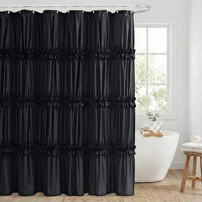 LIPA Boho Rustic Black Ruffle Shower Curtain 72x72 Inches | Farmhouse Shower Curtains for Bathroom,Water‑Resistant Fabric Shower Curtain,Bohemian Bathroom Decor