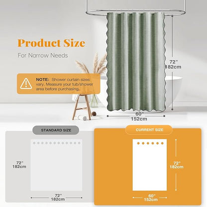 BTTN Stall Shower Curtain, Boho Scalloped Linen Textured Heavy Duty Fabric Shower Curtain Set with 10 Hooks, Narrow Neutral Waterproof Washable Rustic Shower Curtains for Bathroom, 60×72, Sage Green