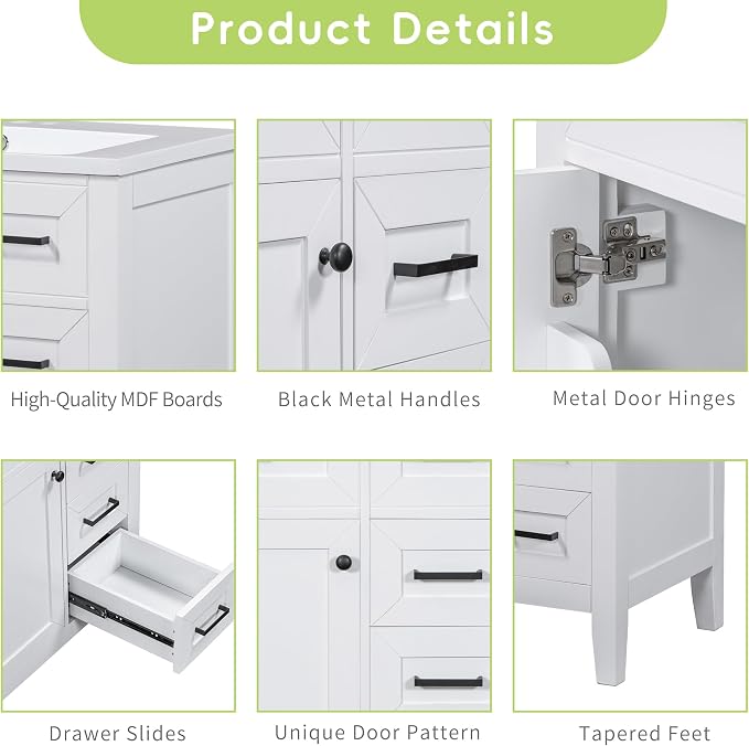 30 Inch Bathroom Vanities with Undermount Ceramic Sink, Storage Cabinet with Soft Closing Doors, Three Drawers and Organizer Rack Shelf, Solid Wood Frame, White