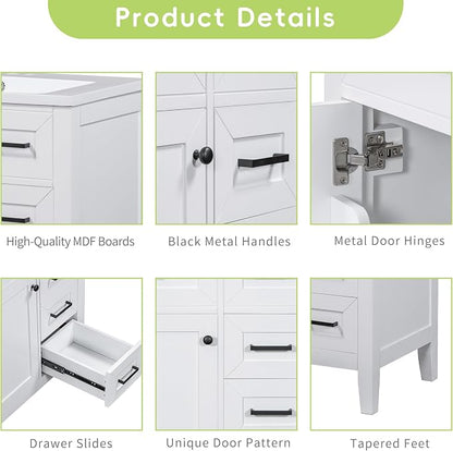 30 Inch Bathroom Vanities with Undermount Ceramic Sink, Storage Cabinet with Soft Closing Doors, Three Drawers and Organizer Rack Shelf, Solid Wood Frame, White