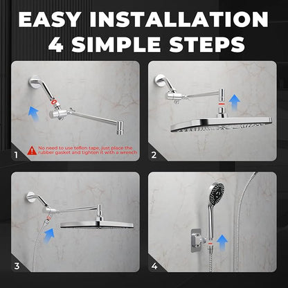 Chrome Rain Shower Head with Handheld Shower Head, 5 Spray Modes | High-Pressure Dual Shower Combo, Multi-Spray Handheld, 15-Inch Metal Extension Arm, Detachable Design for Easy, Flexible Use