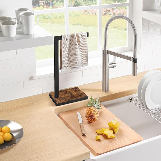 Hand Towel Stand for Bathroom Counter, L-Shape Hand Towel Holder | Towel Holder Stand Height 13.85'' for Vanity Countertop, Kitchen Counter, Rustic Brown-Square Base-L Shape