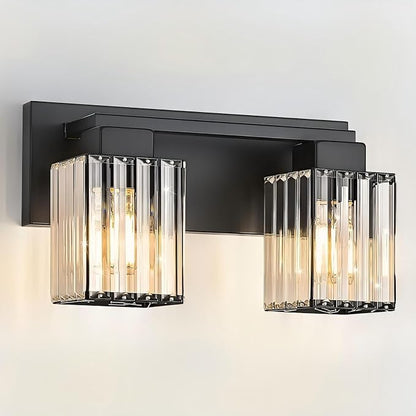 2-Light Black Crystal Vanity Light Bathroom Lighting Fixtures Over Mirror | Wall Sconces with Square Crystal Shades, E26 Socket, Modern Vanity Lights for Bathroom (Bulbs Not Included)