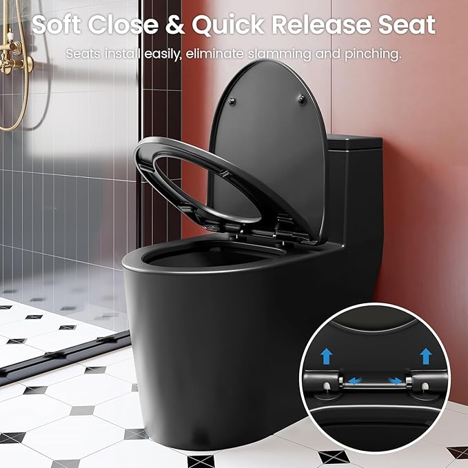 Black One Piece Toilet for Bathroom, Avg. 1.28 GPF Elongated Comfortable Seat Height Powerful Dual Flush Toilet, 12" Rough-In Skirted Toilet with Quick Release & Soft Close UF Seat, MAP 1000G