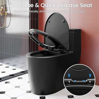 Black One Piece Toilet for Bathroom, Avg. 1.28 GPF Elongated Comfortable Seat Height Powerful Dual Flush Toilet, 12" Rough-In Skirted Toilet with Quick Release & Soft Close UF Seat, MAP 1000G