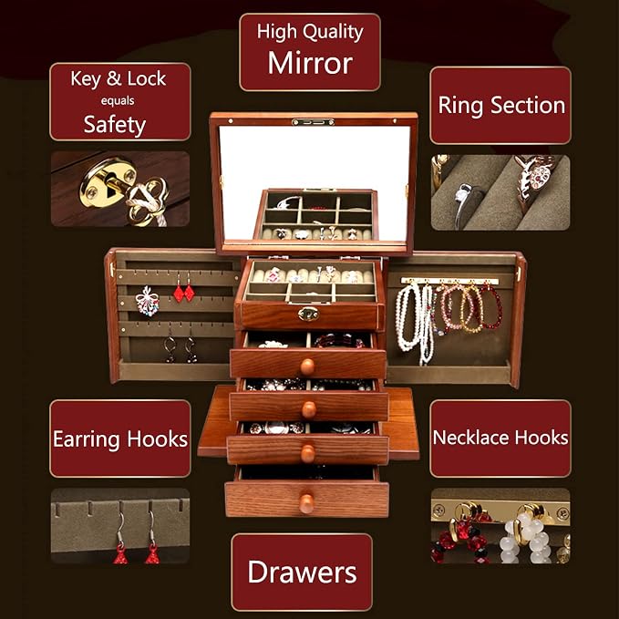 Changsuo Wooden Jewelry Box for Women, Organizer Box of Solid Wood with Lock and Key for Jewelries, Watches, Necklace, Ring, Lockable Storage Case (Cherry)
