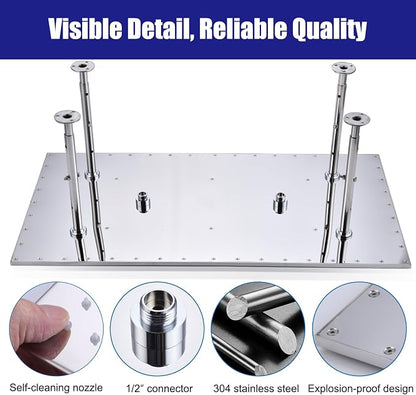 Ceiling Mount Rectangle Rainfall Shower Head, 16x32inch Luxury High Pressure Rain Showerhead with Silicone Nozzles Full Body Fixed Showerheads For Modern Bathroom, Chrome Finish