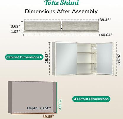TokeShimi 40 x 26 Brushed Nickel Recessed Medicine Cabinet with Mirror, Assembly Required, Bathroom Medicine Cabinet with Mirror, Stepless Adjustable Shelves, Beveled Aluminum Frame, DTC Hinge