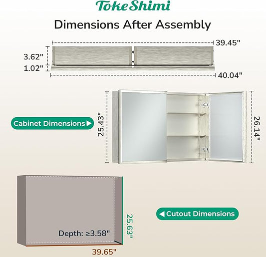 TokeShimi 40 x 26 Brushed Nickel Recessed Medicine Cabinet with Mirror, Assembly Required, Bathroom Medicine Cabinet with Mirror, Stepless Adjustable Shelves, Beveled Aluminum Frame, DTC Hinge