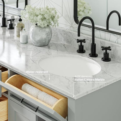 ARIEL Hepburn 66-inch Bathroom Vanity with Sink,Solid Wood, 0.75-inch Italian Carrara Marble Countertop & Backsplash, Double Oval Porcelain Sink, 4 Soft Closing Doors, 6 Dovetail Drawers, Grey