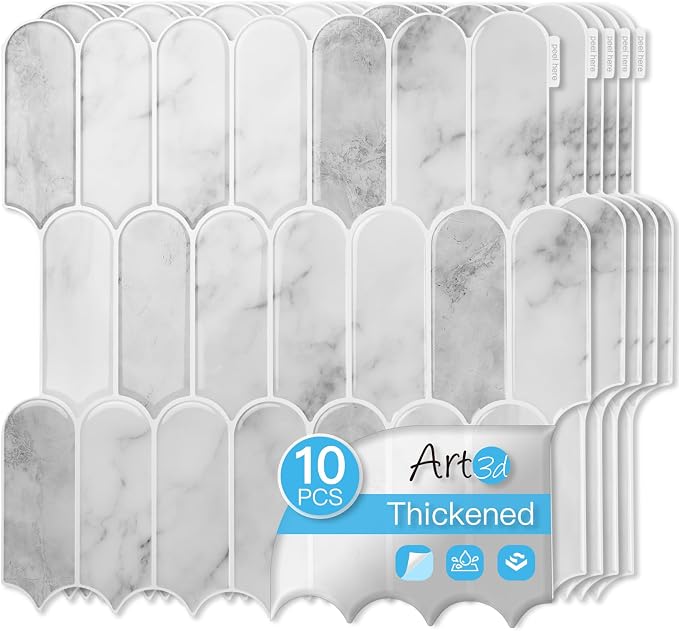 Art3d Arrowhead Design Tile Peel and Stick Backsplash, 10-Pack, Gray Marble | 12 x 12 Inch, Thickened Design, Heavy-Duty, Stain-Resistant, Durable, for Kitchen, Living Areas, Ideal for New Home Buyers
