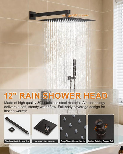 Oil Rubbed Bronze Shower System with Tub Spout, Wall Mounted Bathtub Faucet Set, 12" Rainfall Shower Head and Handheld Shower Combo, High Pressure Shower Fixtures Set with Rough-in Valve