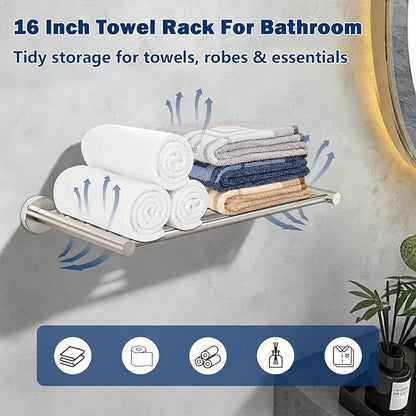 NearMoon Bathroom Accessories Set 6 Pieces, SUS304 Stainless Steel Bathroom Hardware Set, Shower Towel Rack for Kitchen, Towel Holder Wall Mounted (16 Inch, Brushed Nickel)