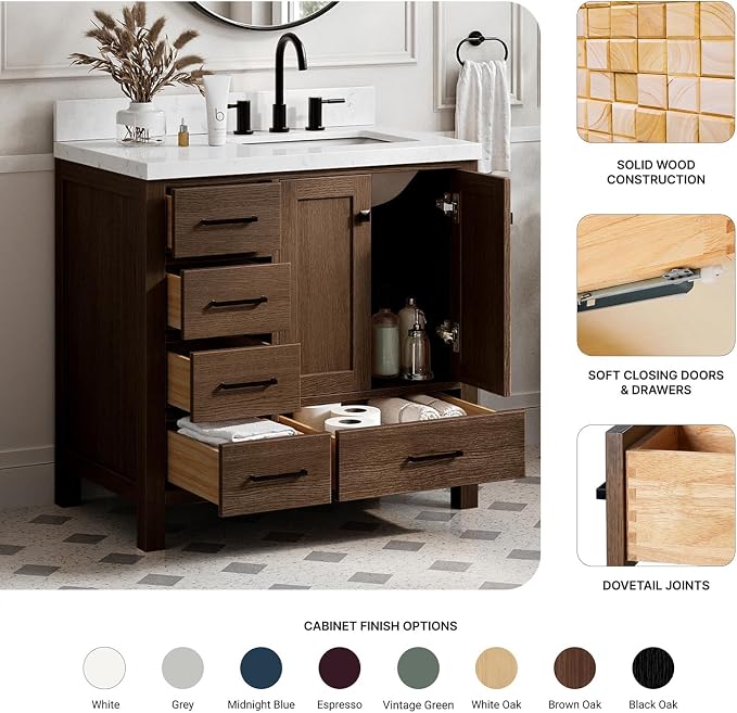 ARIEL Cambridge 36-inch Bathroom Vanity with Sink,Solid Wood, 1.5-inch Carrara White Quartz Countertop, Single Rectangular Porcelain Sink, 2 Soft Closing Doors, 5 Dovetail Drawers, Brown Oak