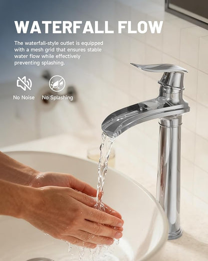 Chrome Vessel Sink Faucet Brass Waterfall Bathroom Faucet Single Hole | with Pop Up Drain Assembly and Supply Hoses, Single Handle Tall Bathroom Faucets Lavatory Vanity Mixer Tap by BATHLAVISH