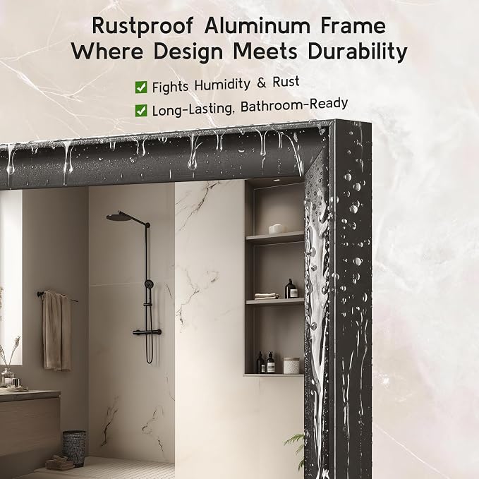 22x30 Inch Black Bathroom Mirrors for Over Sink | Rectangle Vanity Wall Mirror for Bedroom, Entryway, Living Room Decor, Aluminum Framed, Curved Wide Edge, Anti-Rust