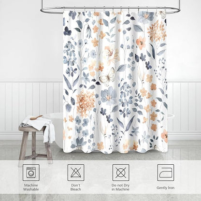 Small Stall Shower Curtain 36 x 72 Inch, Half Narrow Blue Floral Shower Curtains for Bathroom, Watercolor Flower Butterfly Fabric Shower Curtain Set with Hooks
