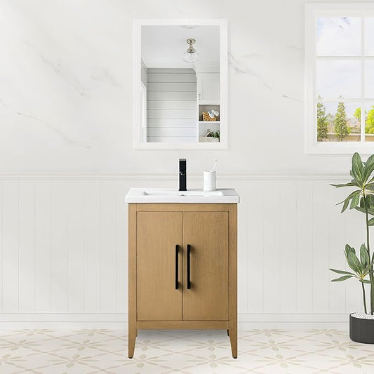 HomeBeyond 24 Inch Bathroom Vanity with Sink & Ceramic Top, Single Vanity Cabinet with Basin, Soft-Closing Doors & Matte Black Hardware, Natural Oak