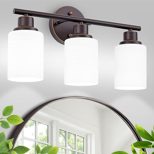 3-Light Bathroom Light Fixtures, Oil-Rubbed Bronze Gold Vanity Lights for Mirror with Textured Milky White Glass Shade, Modern Kitchen Light Fixtures Wall Sconce Light - E26