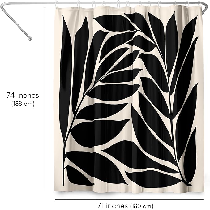 Americanflat 71x74 Botanical Shower Curtain - Water-Resistant Long Shower Curtain with Durable Metal Grommets and 12 Hooks - 100% Polyester - Black and Ivory