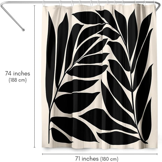 Americanflat 71x74 Botanical Shower Curtain - Water-Resistant Long Shower Curtain with Durable Metal Grommets and 12 Hooks - 100% Polyester - Black and Ivory