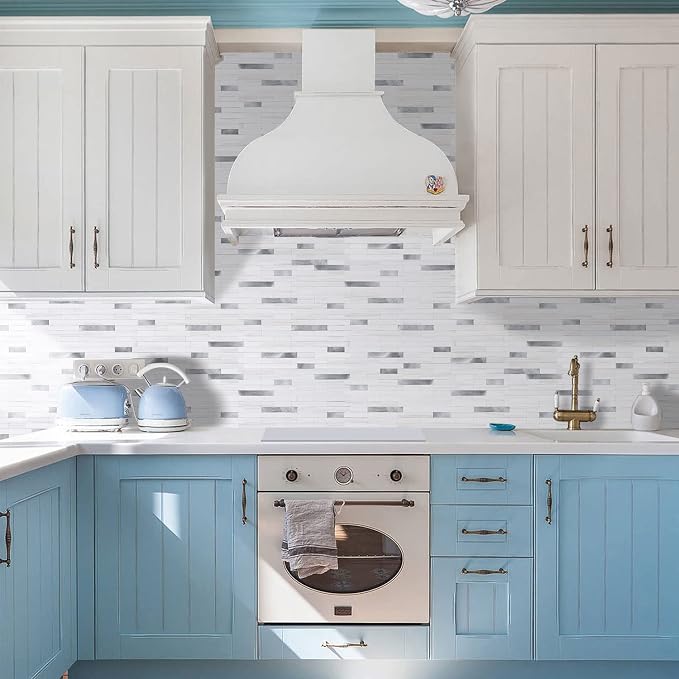 STICKGOO Peel and Stick Backsplash Tile, Stick on Backsplash for Kitchen and Bathroom, Dolomite White Marble Look PVC Mixed Metal Silver Self Adhesive Wall Tiles(10 Sheets)