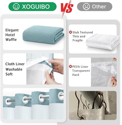 No Hook Shower Curtain and Liner Set,Cyan Hotel Waffle Shower Curtain with Liner 75" L x 72" W