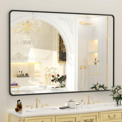 OKPAL 50X40 Inch Matte Black Bathroom Mirror, Black Framed Bathroom Vanity Mirror, Black Rectangle Mirror, Round Corner, Rustproof, Shatter-Proof (Horizontal/Vertical)