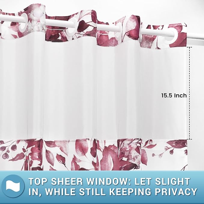 No Hook Shower Curtain with Liner, Eucalyptus Burgundy, 71x74 | Snap in Liner, 3 in 1, Water Repellent, Easy Install, Machine Washable, Hotel Style for Bathroom, Watercolor Pattern
