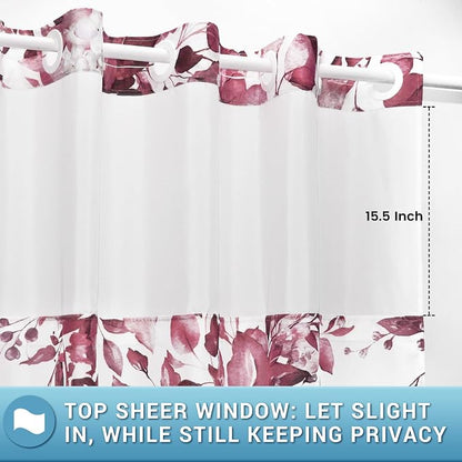 No Hook Shower Curtain with Liner, Eucalyptus Burgundy, 71x74 | Snap in Liner, 3 in 1, Water Repellent, Easy Install, Machine Washable, Hotel Style for Bathroom, Watercolor Pattern