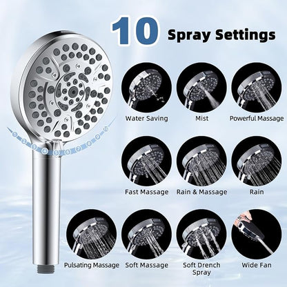 Metal 10" Rain Shower Head with Handheld, High-Pressure Showerhead,10-Mode | Chrome, Rainfall Shower Head with 5" Large Handheld Spray, Adjustable 16" Shower Extension Arm/71" Hose, Brass 3-Way Diverter
