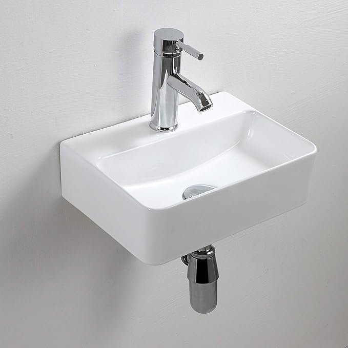 Wall Hung Basin Sink Small Cloakroom Basin Rectangle Ceramic Wash Basin Right Hand (New Sink Set(with Faucet&Drain))