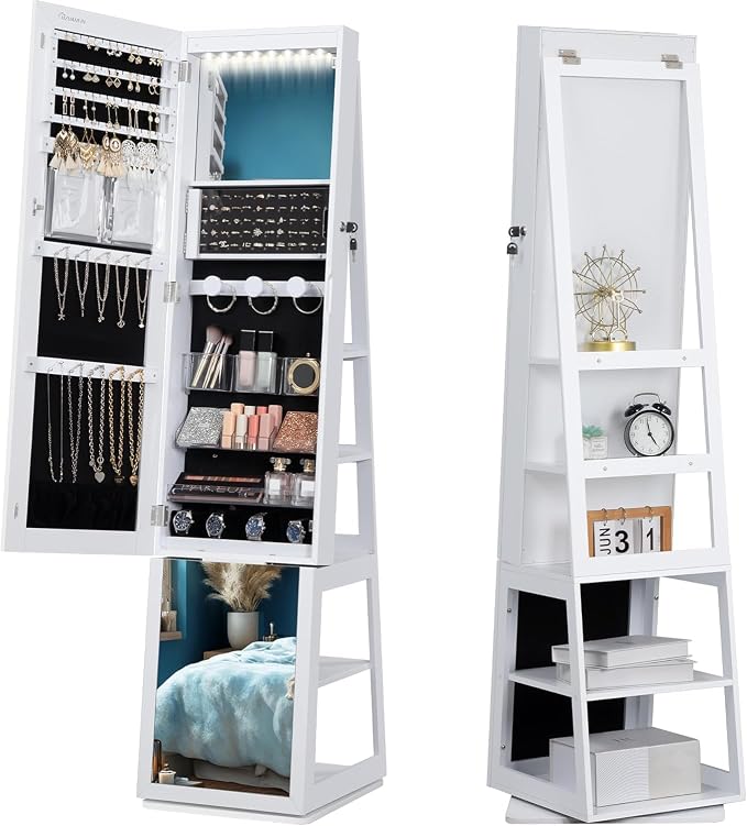 Hzuaneri 16 LEDs Jewelry Cabinet Armoire, Standing Jewelry Organizer | Lockable Full-length Mirror, 360° Rotating Base, 5-tier Storage Shelves, 4-in-1 Design, 61.5" H, White and Black JC15903B