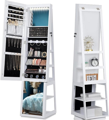 Hzuaneri 16 LEDs Jewelry Cabinet Armoire, Standing Jewelry Organizer | Lockable Full-length Mirror, 360° Rotating Base, 5-tier Storage Shelves, 4-in-1 Design, 61.5" H, White and Black JC15903B