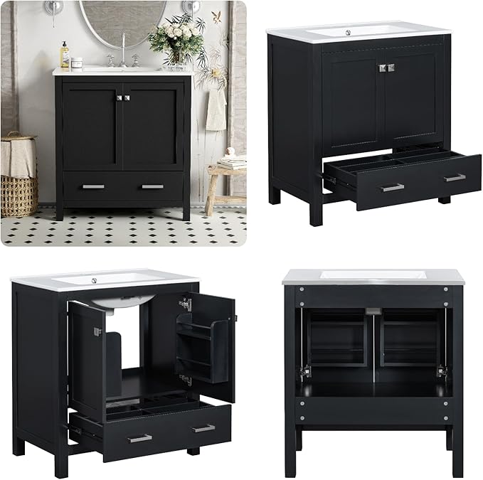 30" Freestanding Bathroom Vanity with Sink, Floor Stand Bathroom Storage Cabinet with Ceramic Sink, Doors with Double-Layered Storage Shelves, Modern Compact Vanity with Divided Drawer, Black