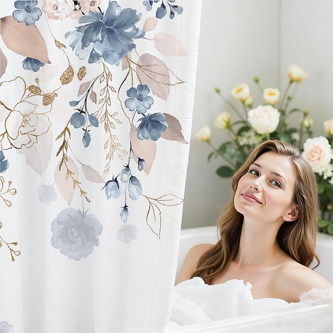 Blue Floral Flower Shower Curtain, Boho Curtain Set with 12PCS Hooks,Minimalist Watercolor Plant Eucalyptus Leaf Country Pretty Bath Bathtub Set Accessories Home Decor, 72 x 72 Inch (6-Flower B)