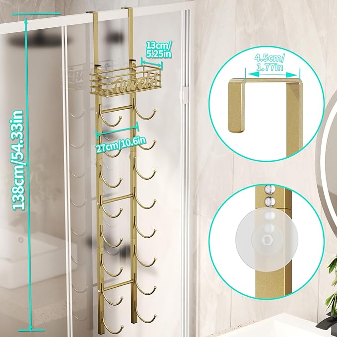 HapiRm Towel Racks for Bathroom Storage - 9 Tier Over The Door & Wall Mount Rolled Towel Storage Organizer Holder with Metal Shelf Basket for Small Bathroom, Camper, Rv - Gold, Patented