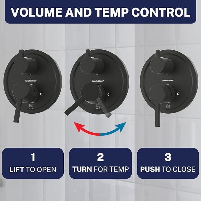 HammerHead Showers Solid Metal Two Handle Shower Valve and Trim Kit Matte Black, Diverts Water, Controls Volume and Temperature, Rough-In Shower Trim Kit with Valve and Pressure Balance Shower Valve