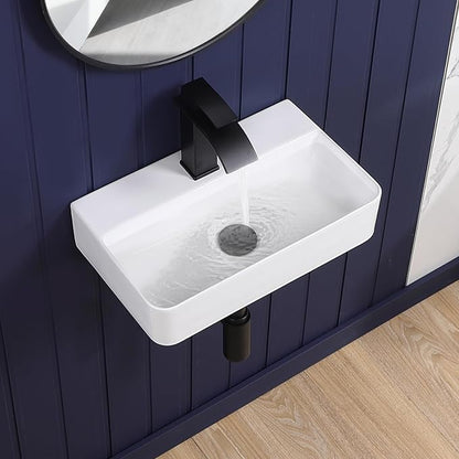 Wall Mount Bathroom Vessel Sink 17"x11" Rectangular Floating White Porcelain Ceramic Wall Hung Vanity Basin Sink for Home,RV,Bathroom
