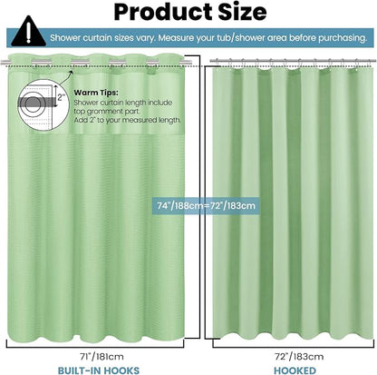 SORTTO No Hook Shower Curtain with Snap in Liner Set Waffle Shower Curtain for Bathroom Hotel Style Fabric Waterproof Inner Liner，71" W x 74" H, Green