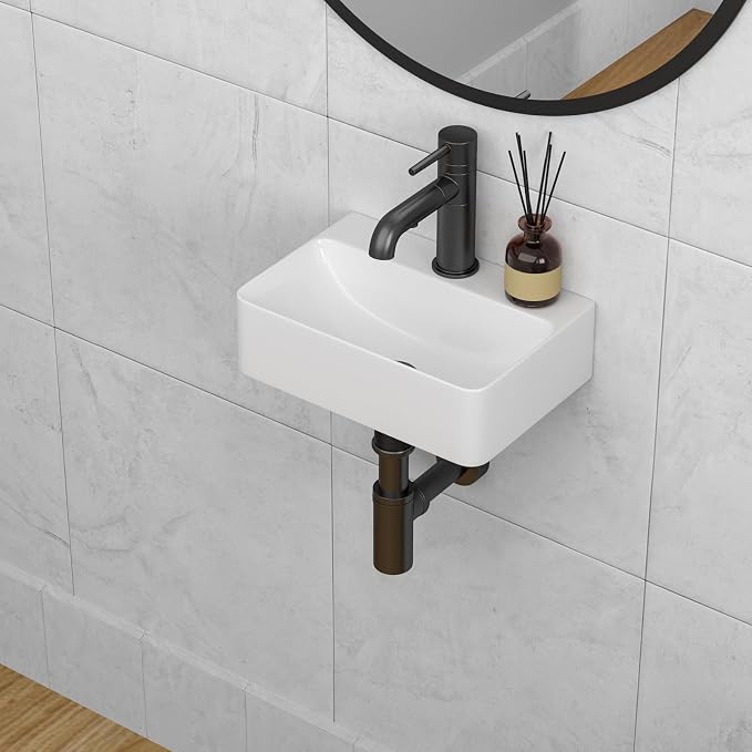 14 x 10 Inch Wall Mounted Bathroom Sink Rectangle Vessel Sink | White Ceramic Wall Mount Hang Small Vessel Sink Porcelain Mini Floating Bathroom Vanity Sink for Home,RV,Bathroom