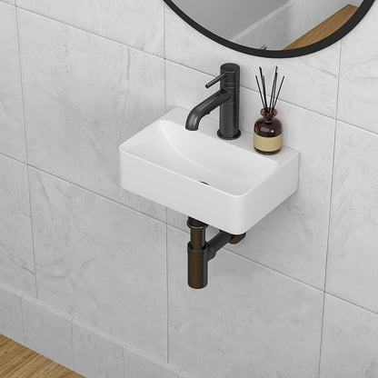 14 x 10 Inch Wall Mounted Bathroom Sink Rectangle Vessel Sink | White Ceramic Wall Mount Hang Small Vessel Sink Porcelain Mini Floating Bathroom Vanity Sink for Home,RV,Bathroom