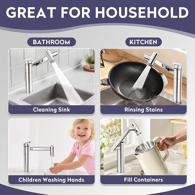 HOWUWEY 1080° Rotatable Single Hole Bathroom Vanity Faucet with Temperature Display, Height Adjustable Single Lever Bathroom Sink Faucet 1 Hole, LED Basin Faucet with Color Change (Chrome)