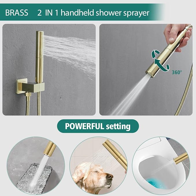 Hoimpro Shower System Set with 12 Inch Bathroom Rain Mixer Shower Head and Handheld Wall Mounted, Rainfall Shower Faucet Fixture Combo with High Pressure 2 in 1 Handheld Showerhead, Brushed Gold | High Pressure 12 Inch Bathroom Rainfall Shower Head,2-i...