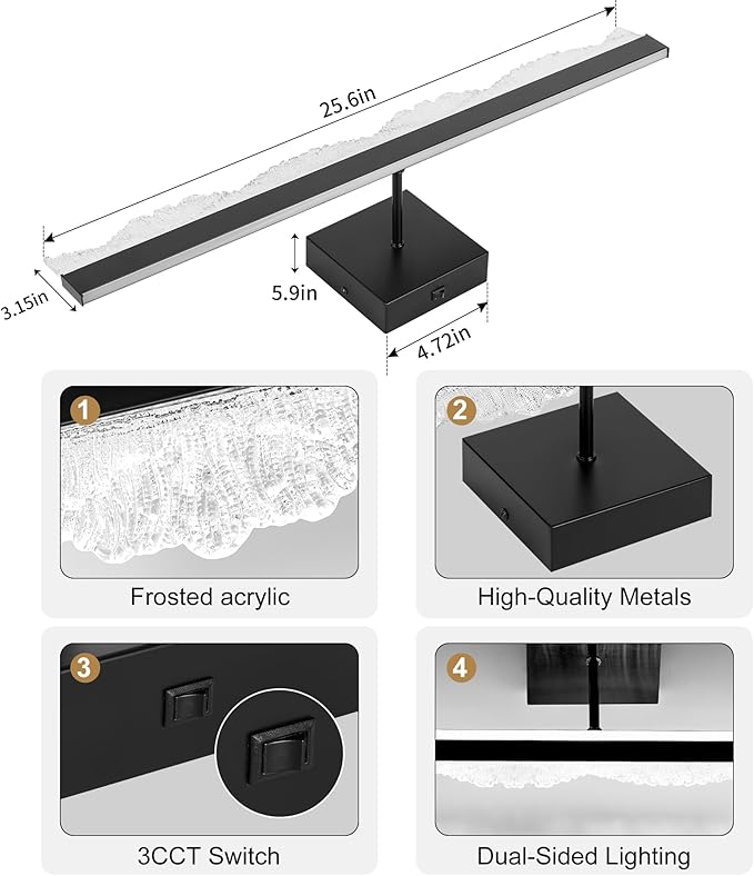 Black Bathroom Vanity Light Fixtures Over Mirror 25.6inch, Dimmable 3CCT 12W LED Bathroom Light Fixture, Modern Vanity Wall Lighting for Bedroom, Dressing Room, Cloak Room